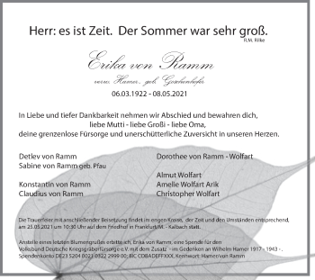 Traueranzeige von Erika von Ramm von Mitteldeutsche Zeitung Halle/Saalkreis