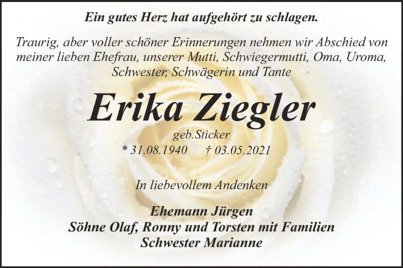  Traueranzeige für Erika Ziegler vom 15.05.2021 aus Trauerkombi Dessau