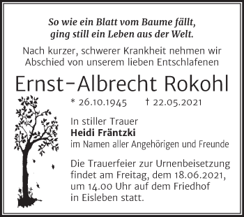 Traueranzeige von Ernst-Albrecht Rokohl von Trauerkombi Mansfelder Land