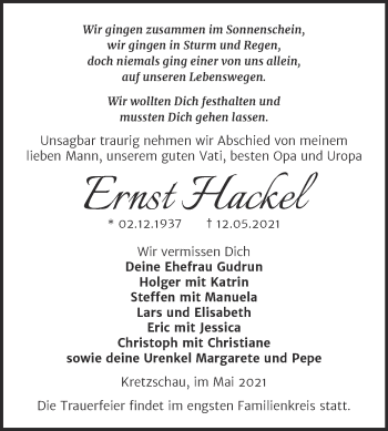 Traueranzeige von Ernst Hackel von Trauerkombi Zeitz