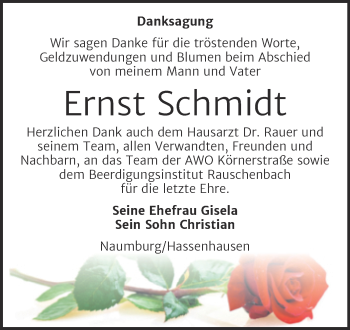 Traueranzeige von Ernst Schmidt von Super Sonntag Naumburg/Nebra