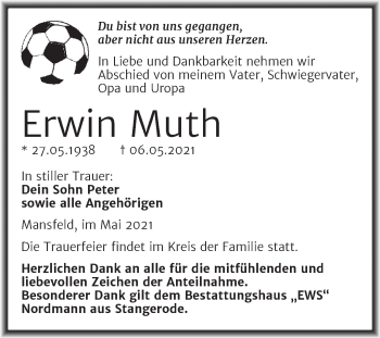 Traueranzeige von Erwin Muth von Trauerkombi Mansfelder Land