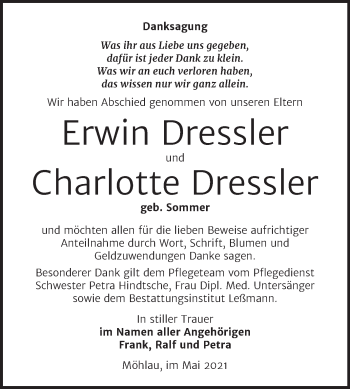 Traueranzeige von Erwin und Charlotte Dressler von Trauerkombi Wittenberg