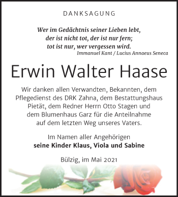 Traueranzeige von Erwin Walter Haase von Trauerkombi Wittenberg