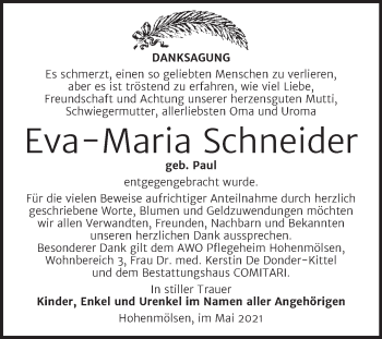 Traueranzeige von Eva-Maria Schneider von Trauerkombi Weißenfels