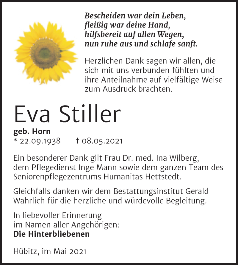  Traueranzeige für Eva Stiller vom 22.05.2021 aus Trauerkombi Mansfelder Land