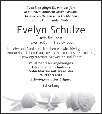 Traueranzeige von Evelyn Schulze von Naumburger Tageblatt