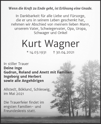 Traueranzeige von Kurt Wagner von Trauerkombi Sangerhausen