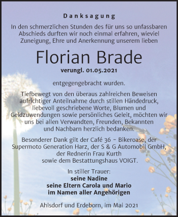 Traueranzeige von Florian Brade von Trauerkombi Mansfelder Land