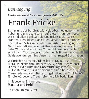 Traueranzeige von Frank Fricke von Trauerkombi Wittenberg
