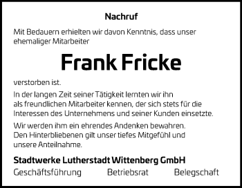 Traueranzeige von Frank Fricke von Mitteldeutsche Zeitung
