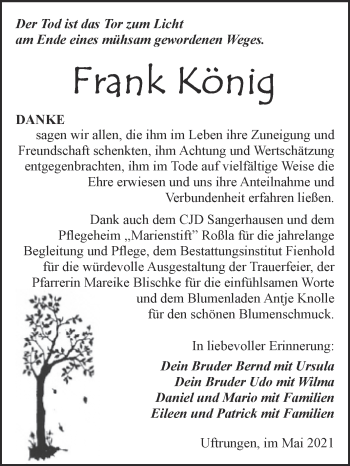 Traueranzeige von Frank König von Trauerkombi Sangerhausen