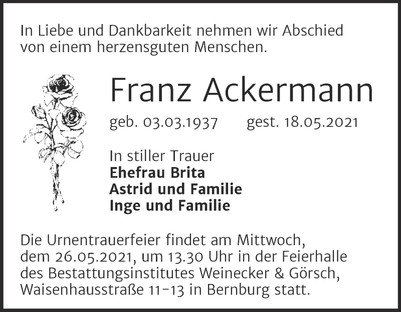  Traueranzeige für Franz Ackermann vom 22.05.2021 aus Trauerkombi Bernburg