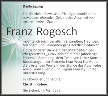 Traueranzeige von Franz Rogosch von Trauerkombi Aschersleben