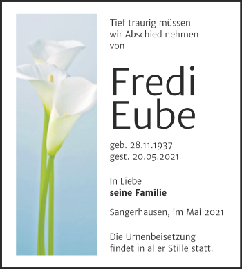 Traueranzeige von Fredi Eube von Trauerkombi Sangerhausen