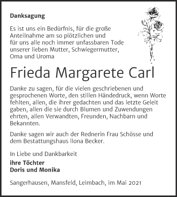 Traueranzeige von Frieda Margareteret Carl von Trauerkombi Sangerhausen