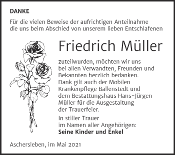 Traueranzeige von Friedrich Müller von Trauerkombi Aschersleben