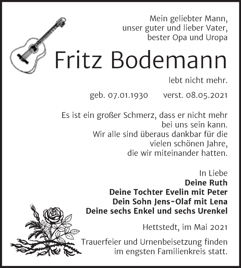 Traueranzeige für Fritz Bodemann vom 15.05.2021 aus Trauerkombi Mansfelder Land