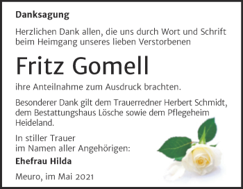 Traueranzeige von Fritz Gomell von Trauerkombi Wittenberg
