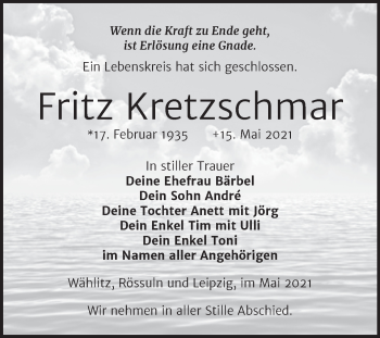 Traueranzeige von Fritz Kretzschmar von Trauerkombi Weißenfels