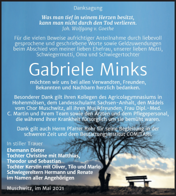 Traueranzeige von Gabriele Minks von Trauerkombi Weißenfels
