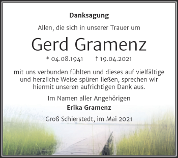 Traueranzeige von Gerd Gramenz von Trauerkombi Aschersleben