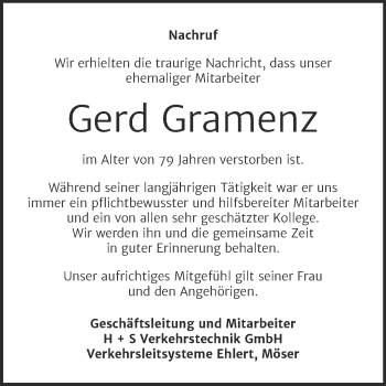 Traueranzeige von Gerd Gramenz von Mitteldeutsche Zeitung Salzlandkreis