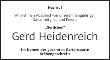 Traueranzeige von Gerd Heidenreich von Trauerkombi Aschersleben