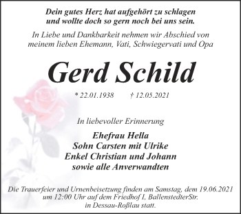 Traueranzeige von Gerd Schild von Trauerkombi Dessau