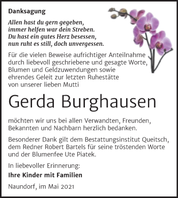 Traueranzeige von Gerda Burghausen von Mitteldeutsche Zeitung Köthen