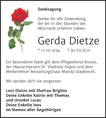Traueranzeige von Gerda Dietze von Trauerkombi Weißenfels