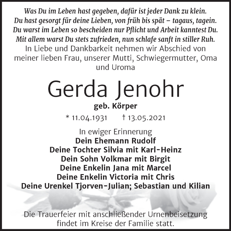  Traueranzeige für Gerda Jenohr vom 22.05.2021 aus Trauerkombi Bitterfeld