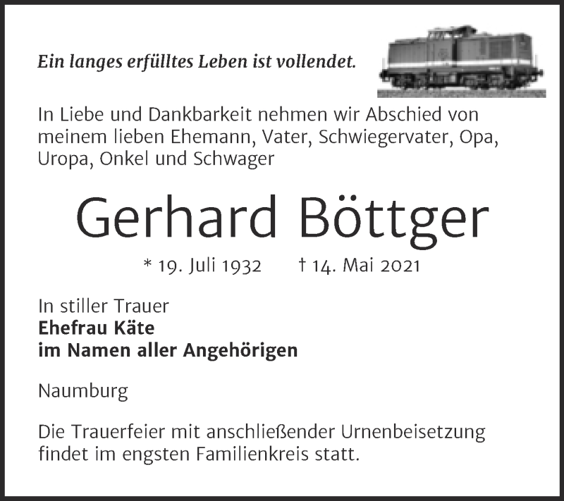  Traueranzeige für Gerhard Böttger vom 26.05.2021 aus Wochenspiegel Naumburg/Nebra