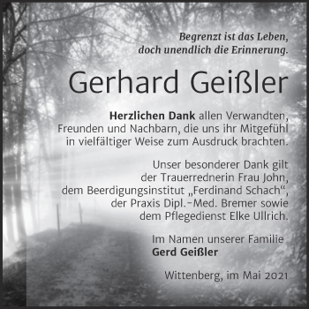 Traueranzeige von Gerhard Geißler von Trauerkombi Wittenberg
