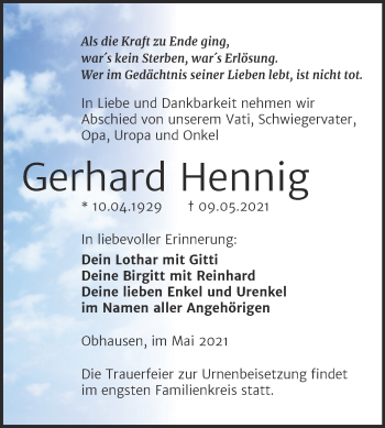Traueranzeige von Gerhard Hennig von Trauerkombi Merseburg