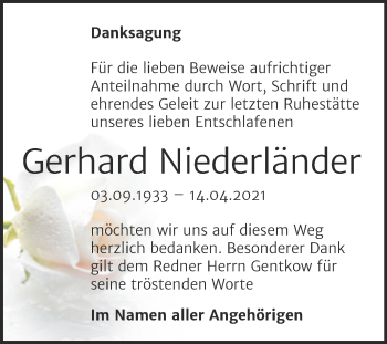 Traueranzeige von Gerhard Niederländer von Trauerkombi Mansfelder Land