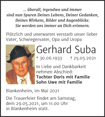 Traueranzeige von Gerhard Suba von Trauerkombi Sangerhausen