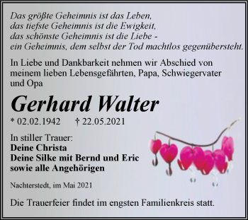 Traueranzeige von Gerhard Walter von Trauerkombi Aschersleben