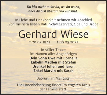 Traueranzeige von Gerhard Wiese von Trauerkombi Wittenberg