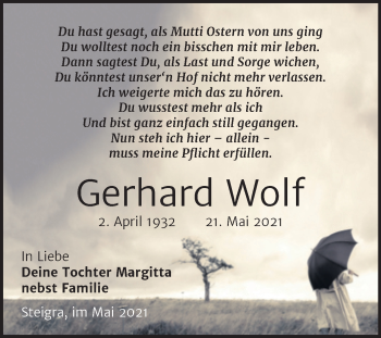 Traueranzeige von Gerhard Wolf von Mitteldeutsche Zeitung Merseburg/Querfurt