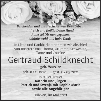 Traueranzeige von Gertraud Schildknecht von Trauerkombi Sangerhausen