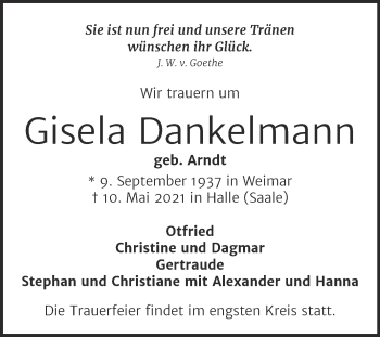 Traueranzeige von Gisela Dankelmann von Mitteldeutsche Zeitung Halle/Saalkreis