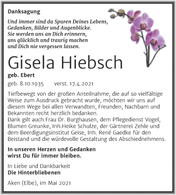 Traueranzeige von Gisela Hiebsch von Trauerkombi Köthen