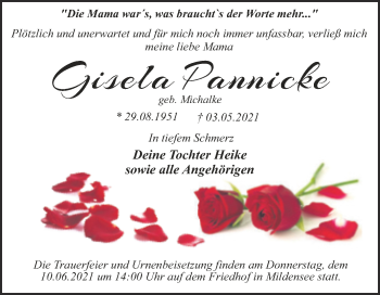 Traueranzeige von Gisela Pannicke von Trauerkombi Dessau