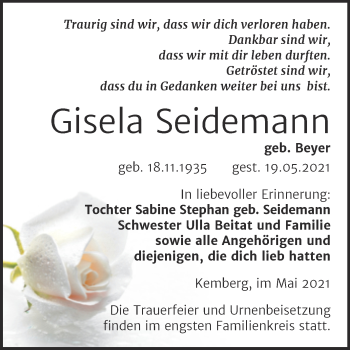 Traueranzeige von Gisela Seidemann von Trauerkombi Wittenberg