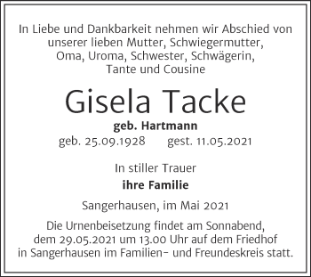 Traueranzeige von Gisela Tacke von Trauerkombi Sangerhausen