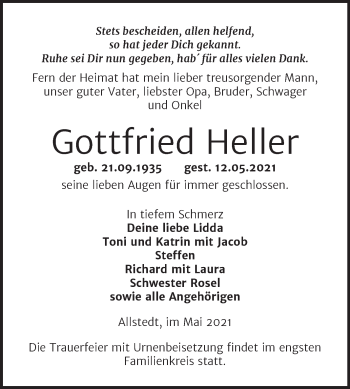 Traueranzeige von Gottfried Heller von Trauerkombi Sangerhausen