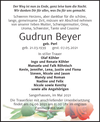 Traueranzeige von Gudrun Beyer von Trauerkombi Sangerhausen