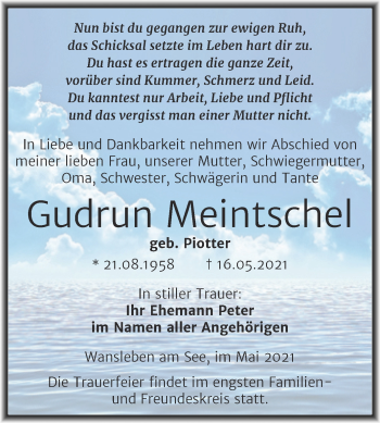 Traueranzeige von Gudrun Meintschel von Trauerkombi Mansfelder Land