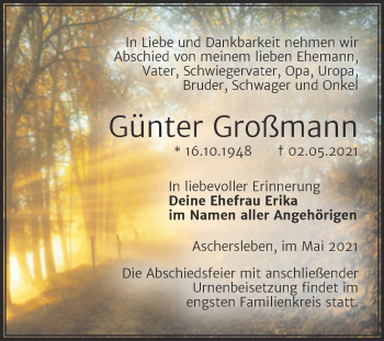 Traueranzeige von Günter Großmann von Trauerkombi Aschersleben